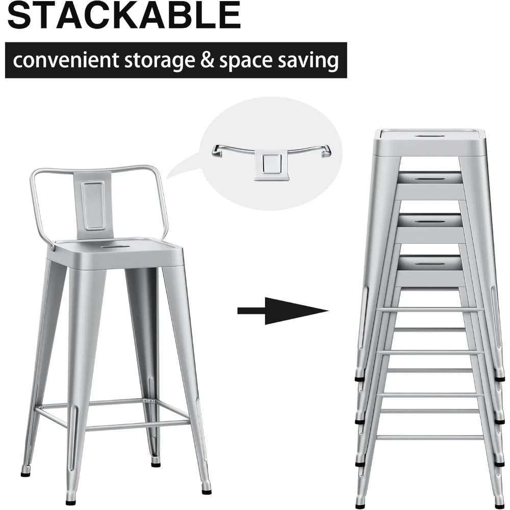 مجموعة مقاعد بار معدنية فضية داخلية/خارجية مكونة من 4 قطع، كراسي ذات ارتفاع مضاد للحانات وجزر المطبخ #5