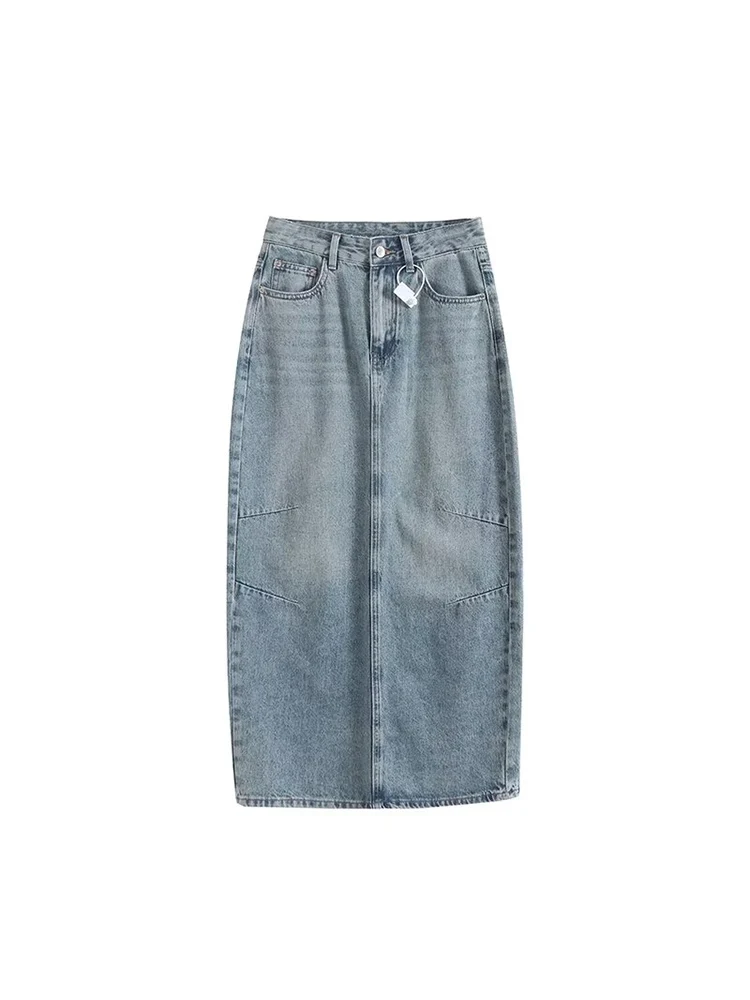

2024 New American Retro Washed Blue Distressed Back Slit Denim Skirt Women's High Waist Over Knee One Step Long Skirt
