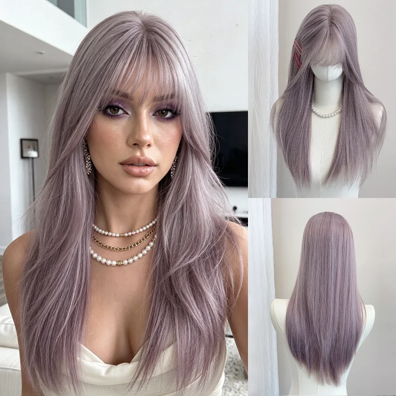 MEISU 20 Inch Synthetic Straight Hair Wig with Bangs Heat-Resistant Natural Grey Purple Women's Wig for Daily Wear And Parties