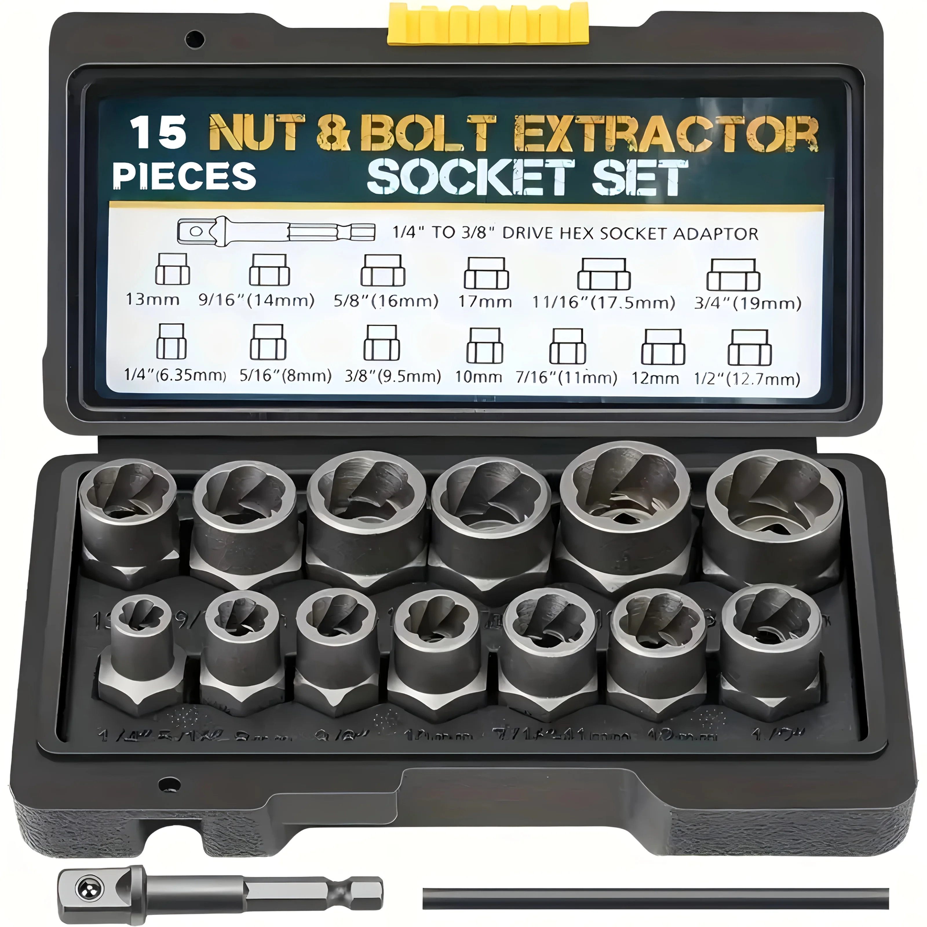 15-piece nut remover set, 13-piece bolt and nut extractor set, 1 rod (used to knock out nuts still stuck in the socket during removal), 1 1/4-inch to 3/8-inch drive hex socket adapter