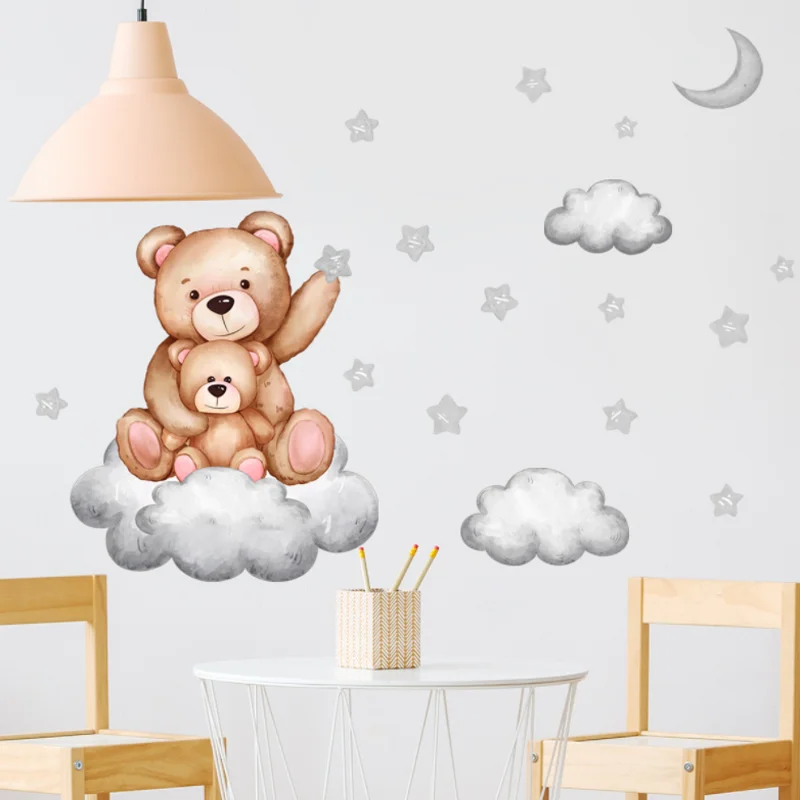 Cartoon Urso Pequeno Estrelas Nuvens Lua Adesivo De Parede Crianças Quarto Fundo Decora Jardim De Infância Sala De Aula Adesivo Antifouling