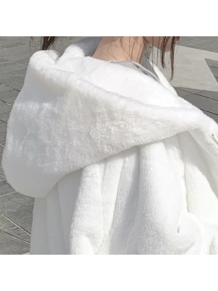 Lautaro White Warm Oversize Faux Fur Sweatshirt Hood Long Sleeve Zipper Winter Clothes Fluffy Jackets for Women 2021 Streetwear