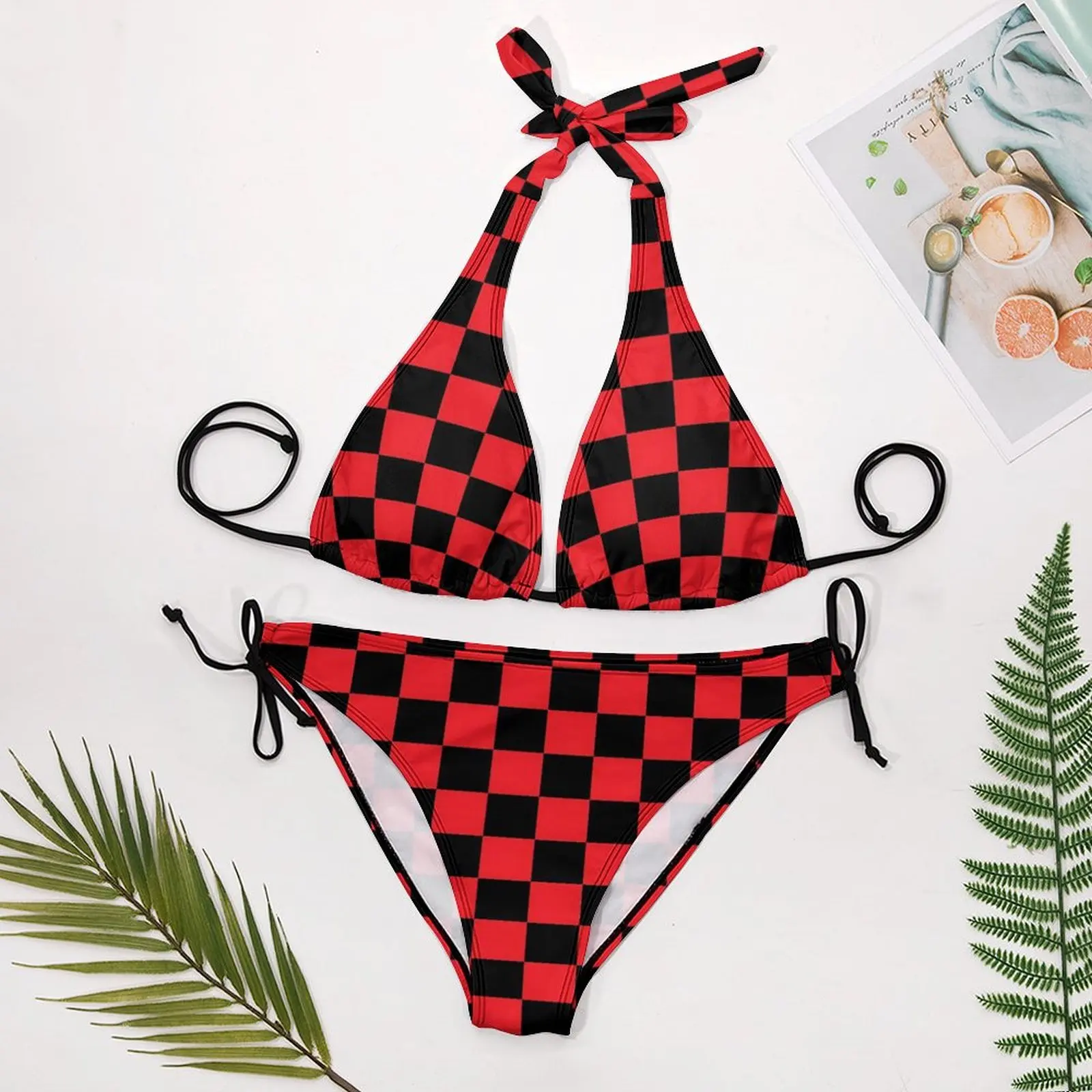 Retro Ruit Bikini 'S Set Sexy Zwart En Rood Bikini Badpak Sportpatroon Badmode Sweet String Badpak