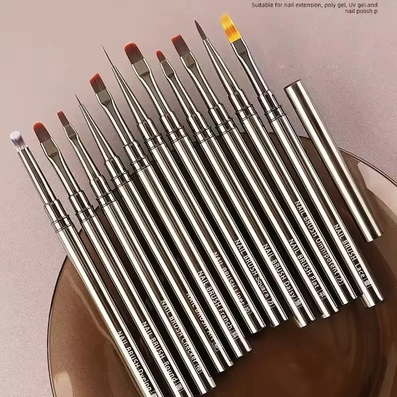 네일 아트 브러쉬 펜 3D 팁 패턴 메탈 바 네일 아트 브러쉬 12개 라이너 브러쉬 (긴 라인, 얇은 디테일, 정밀 드로잉용)
