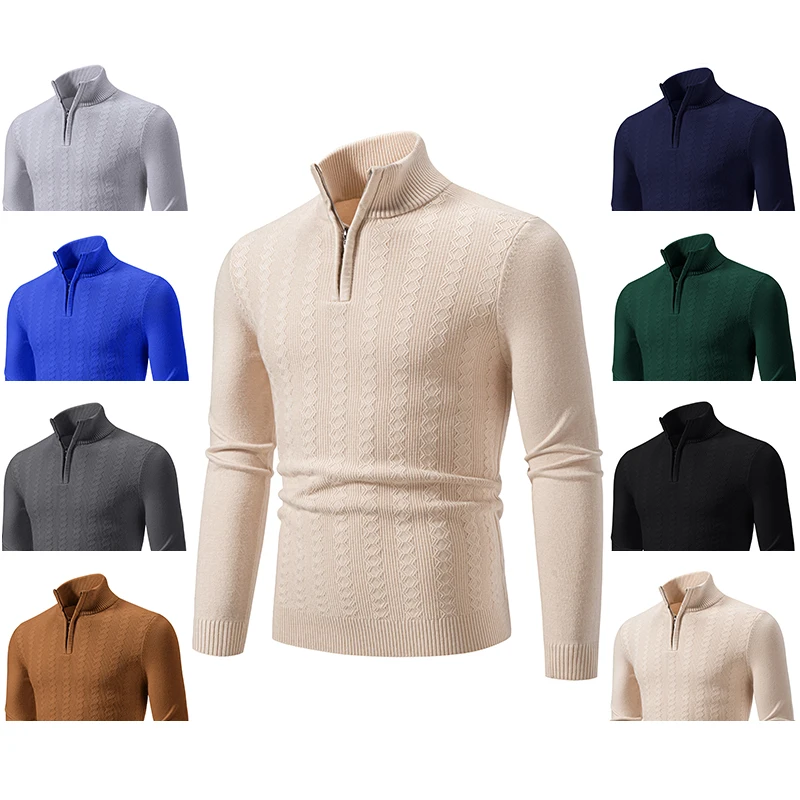 Men's Fashion Turtleneck Zip-up Sweater Casual Comfort Long Sleeve Embroidered Striped Pullover