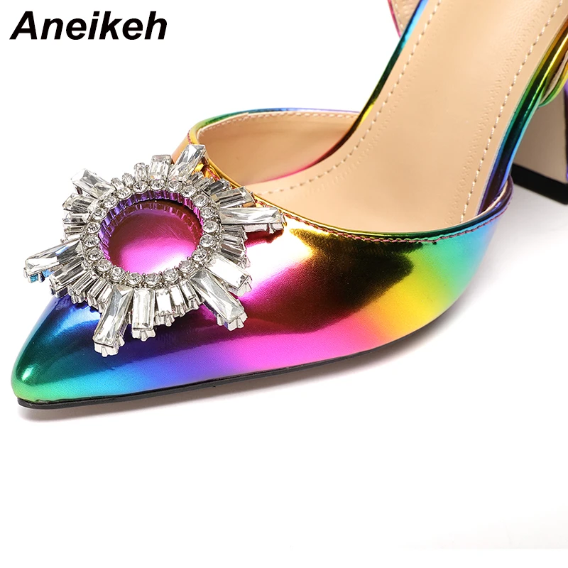 Aneikeh-Sapatos de salto alto femininos, dedo apontado, diamante, cristal, arco-íris, bombas de casamento feminino, moda verão