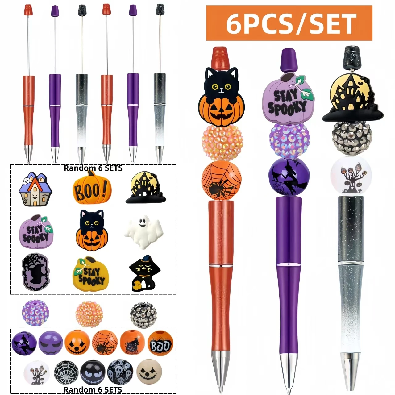 

6 шт. Хэллоуин тыква ужас тема DIY шариковая ручка из бисера и силиконовый набор подвесок из бисера, офисные учебные принадлежности