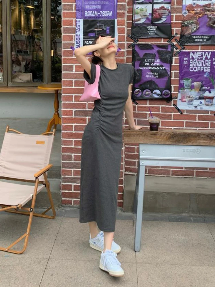 Dames Europese stijl afslankende T-shirtjurk Chique Ronde hals Bodycon Korte mouw Halverwege de kuit X-vorm Lente Zomer Veelzijdig