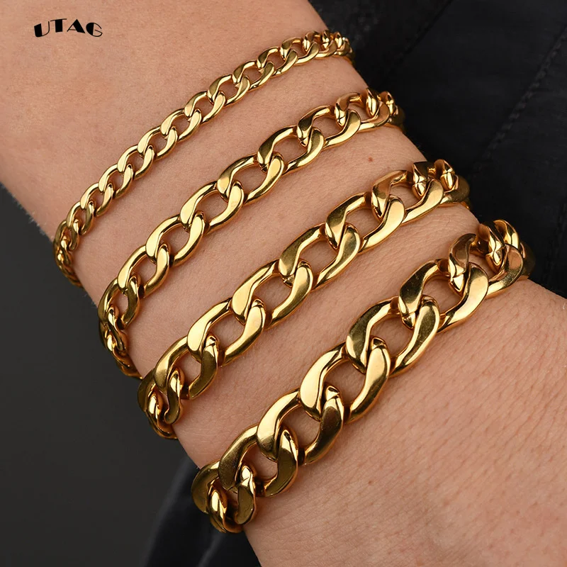 UTAG 3-7mm Simple Stainless Steel Men Curb Cuban Chain Fashion Women Bracelet On Hand For Couple Unisex Wrist Jewelry Gift Party