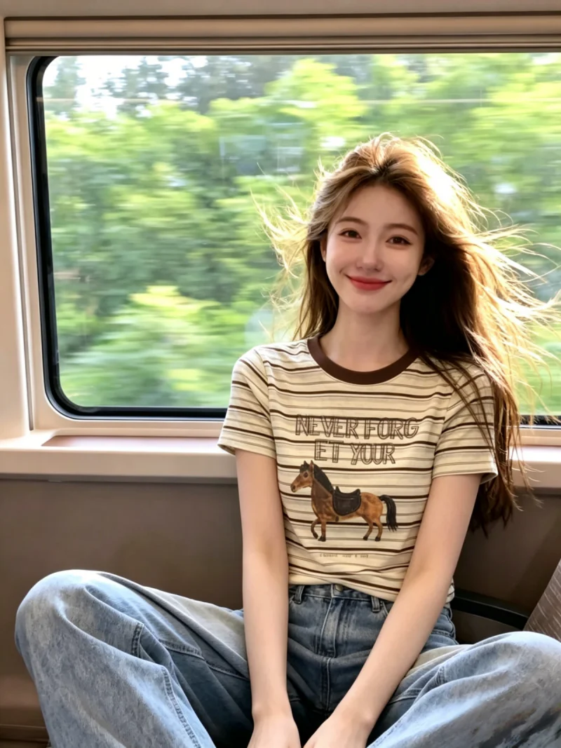 

Summer New Style Women's T-shirt Print Stripe round Neck Short Sleeve Commute Korean Version Straight Cut Silk Fabric