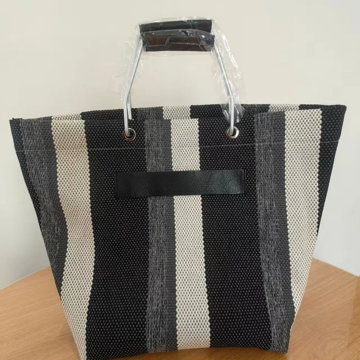 Large Striped Woven Tote Bag with Metal Handle Lightweight Summer Bag