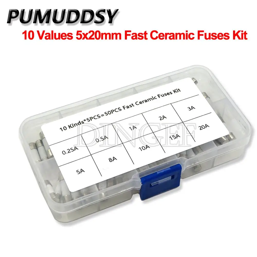 50PCS 10 Kinds Fast Ceramic Fuses Kit 250V 5mm x 20mm 0.25A 0.5A 1A 2A 3A 5A 8A 10A 15A 20 AMP Fuse Tube Assortment ibuw