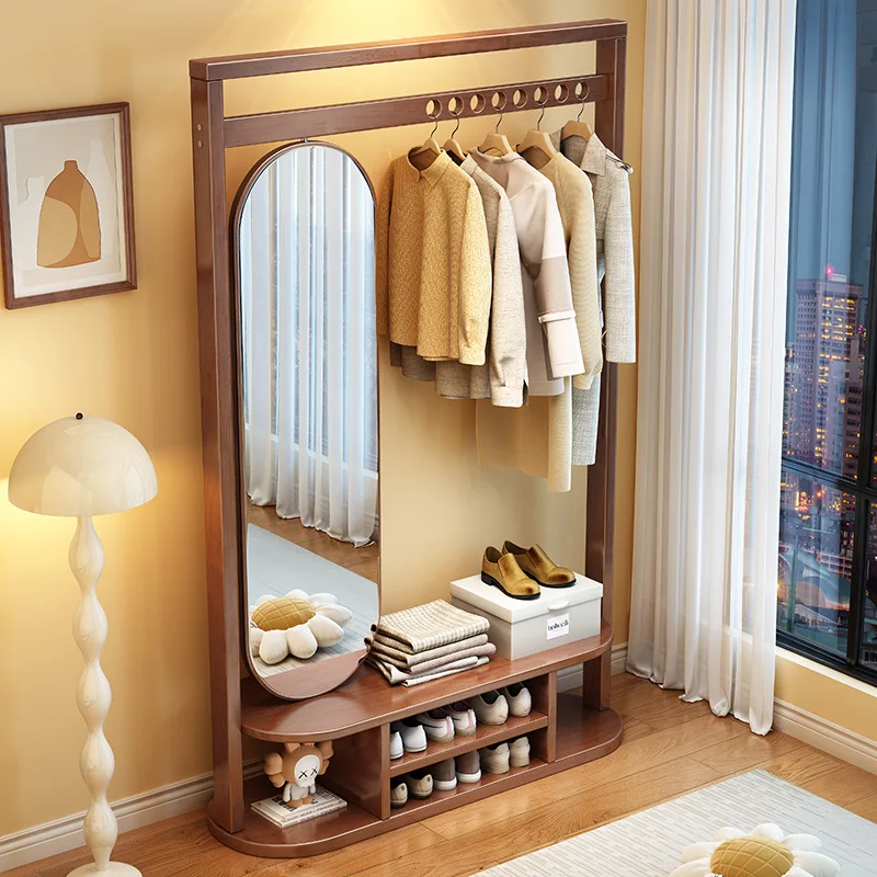 

Solid wood coat rack, full-length mirror integrated household room, rotatable full-length mirror, clothes rack, cloakroom
