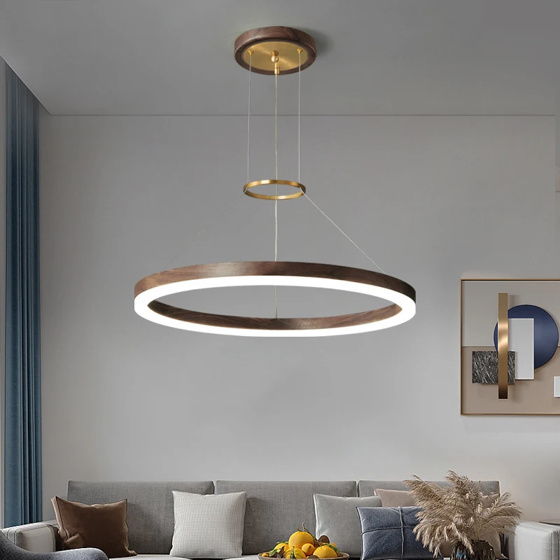 Modern Round Wooden Pendant Light North American Black Walnut Chandeliers Solid Wood Lampe Living Room Decor Led Lamps Lamparas