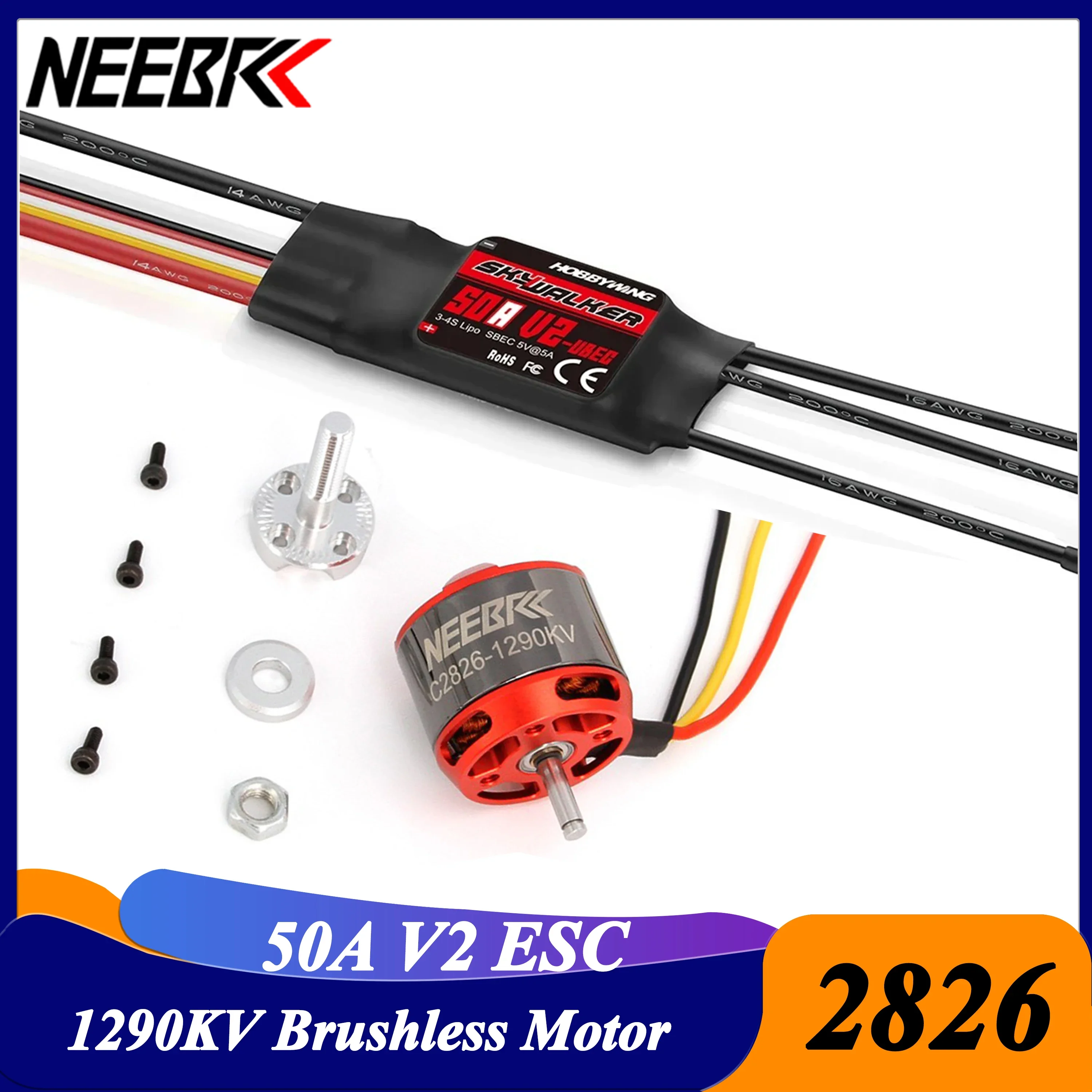 NEEBRC 2826 1290KV Brushless Motor and Skywalker 50A V2 ESC Speed Controller for FPV Racing Drone RC Plane Fixed-wing Quadcopter