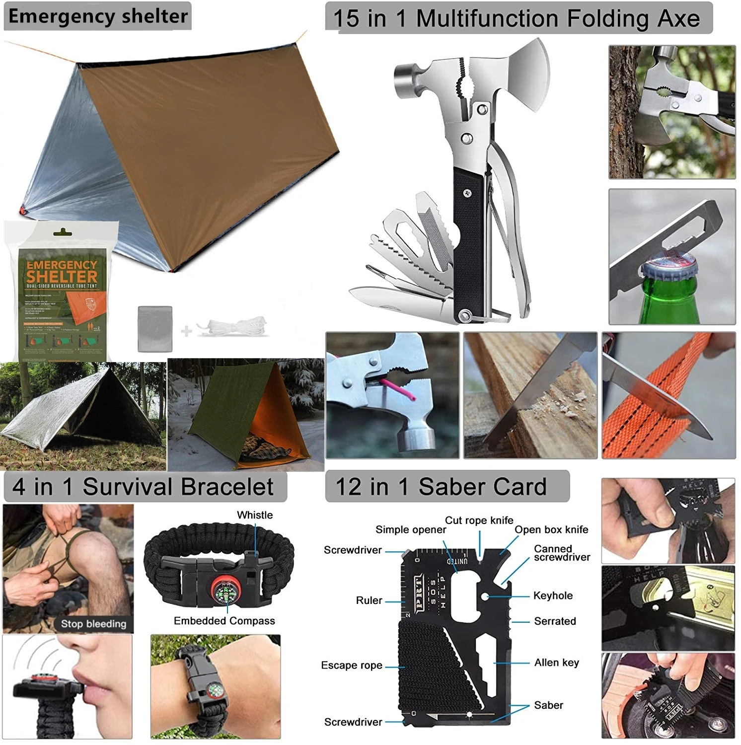 Prezenty dla mężczyzn zestaw pierwszej pomocy 233 sztuk profesjonalny sprzęt biwakowy Survival Axe pokrowiec Molle Tactical Trauma Bag Knife