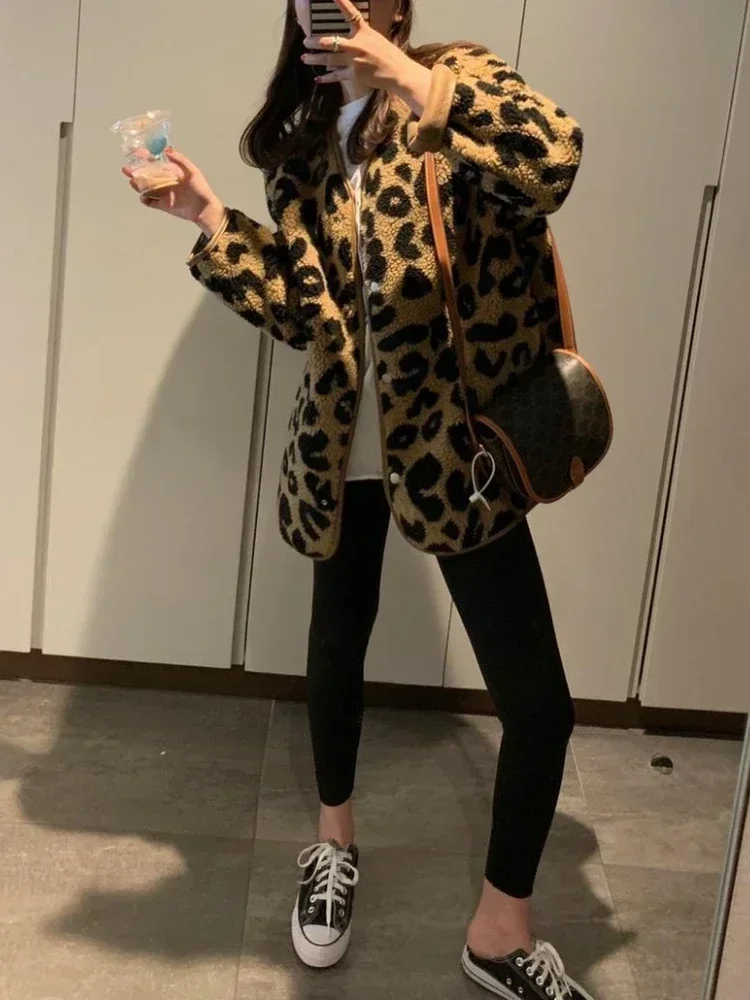 2024 Casual Jackets for Women Single Breasted Faux Fur Leopard Print Long Sleeve Winter Clothes Women Coats Outerwear Streetwear