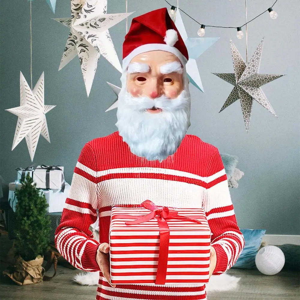 Funny Face Cover Santa Claus Beard Mask Hat Set 3D Cosplay Props Christmas Decoration Xmas Muffler Cosplay Accessories Adult