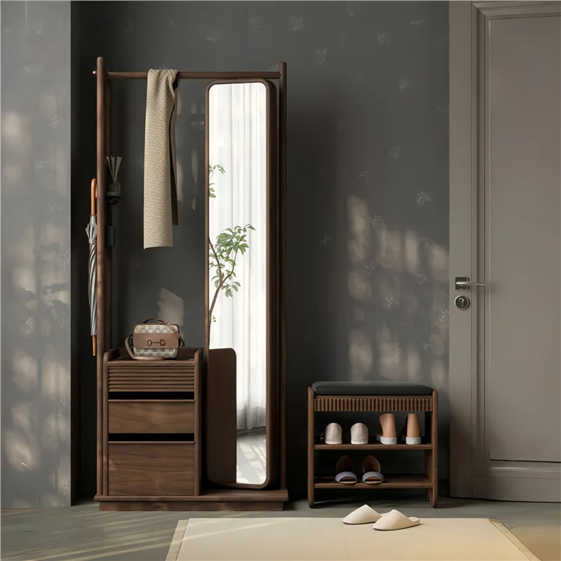 Black walnut all solid wood coat rack floor-to-ceiling bedroom full-body mirror household full-length mirror integrated hanger