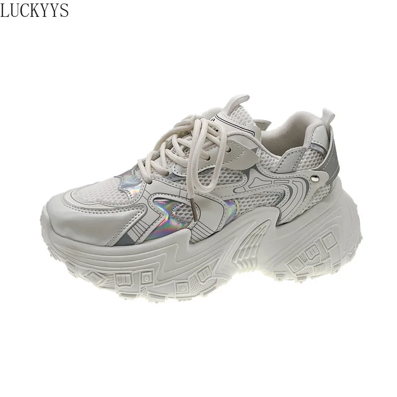 

Кроссовки женские массивные для бега, Вулканизированная подошва, на шнуровке, Повседневная весенняя обувь для мам, белые