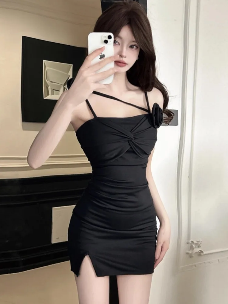 Kimotimo Sexy 3D Flower Spaghetti Strap Bodycon Dress Women Summer Birthday PartyTwist Design Wrapped Short Strapless Dresses