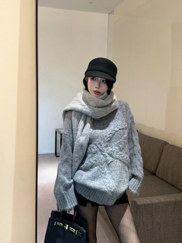 

Vintage Grey Knitted Pullover For Women O-neck Bowknot Soft Loose Warm Sweater Top Harajuku Winter Trendy Office Commute Outfits