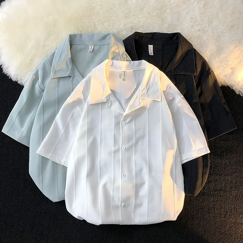 

Cuban Collar Ice Silk Loose Fit Casual irt Men's ort Sve Summer High End Feeling Ultra Thin Drapey Lightweight irt