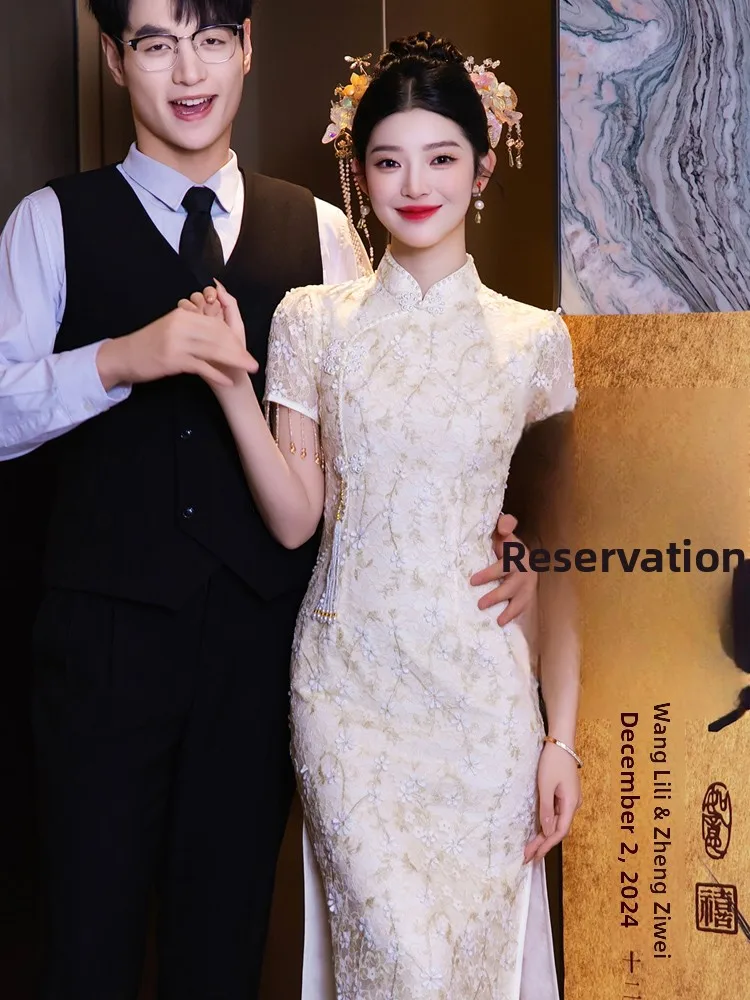 

Champagne Color Wedding Dr New Chinese Sle High End Cusizable Ceremony Dr Pearl Embellied mid Waist