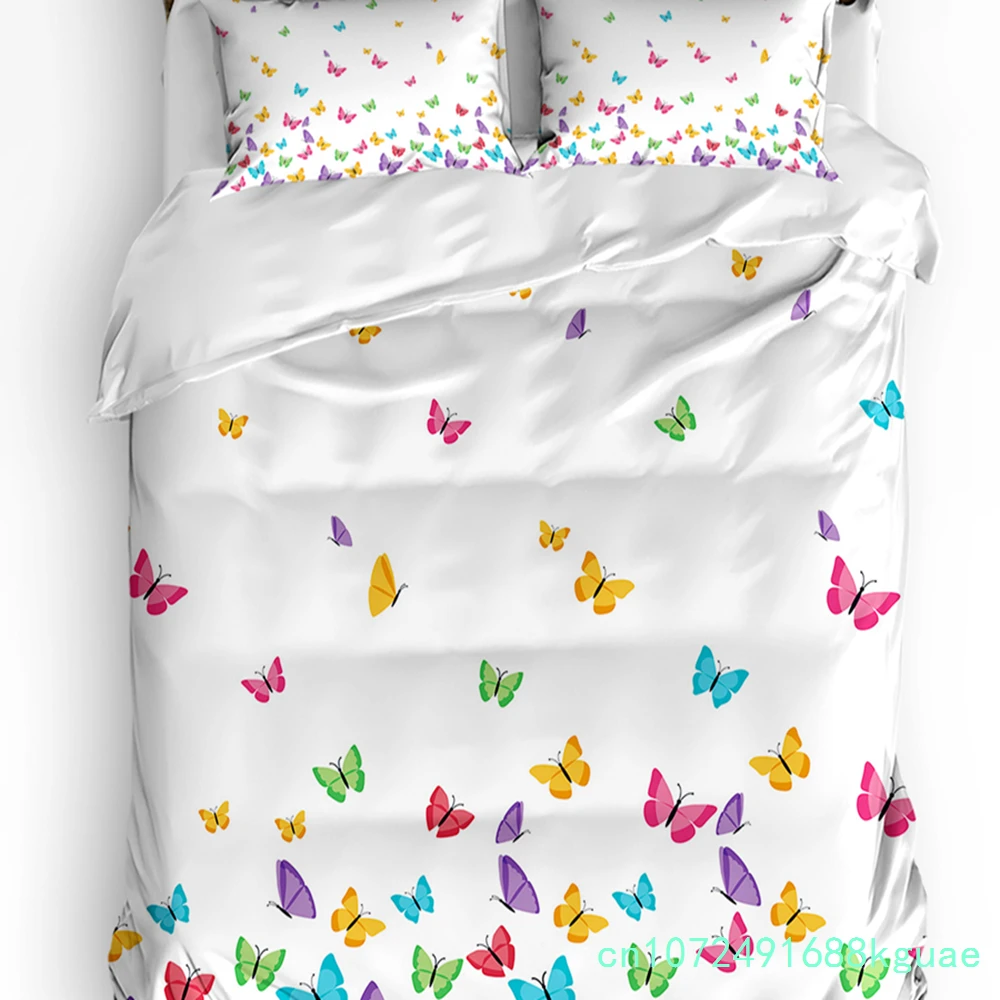 Colorful Butterfly White Duvet Cover Bed Bedding Set Home Textile Quilt Cover Pillowcases Bedroom Double Bedding Set No Sheet