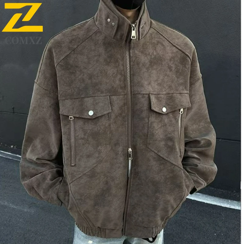 

COMXZ New Men Leather Jacket Fashion Camping Multi Functional Coat Casual Hiking Lightweight Comfortable Streetwear Autumn Coats