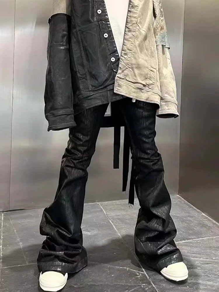 2025 streetwear preto cera couro strecth jeans para homens ropa hombre baggy y2k calças flare oversized calças jeans retas