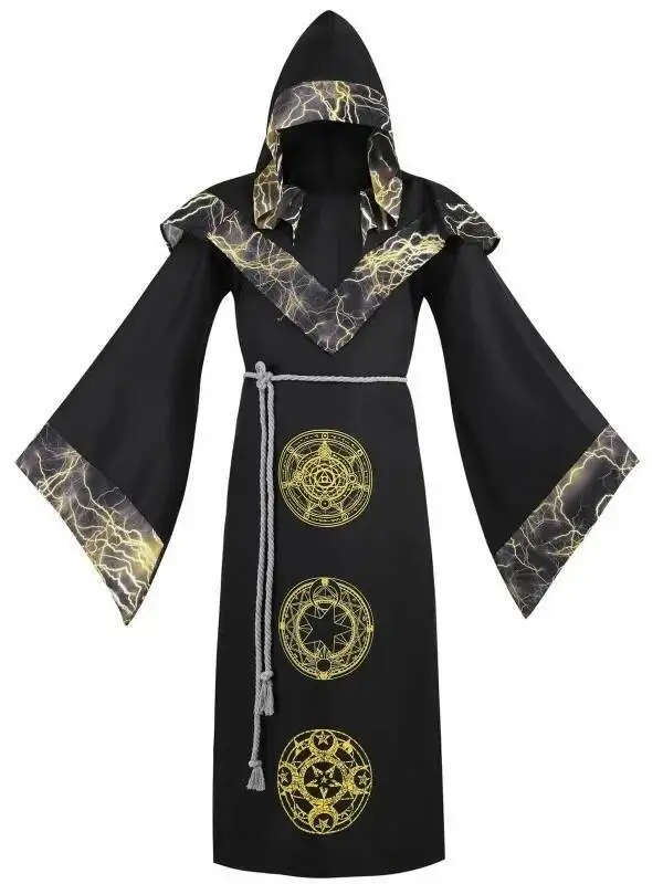 كوس عباءة سوداء معالج الظلام رداء هالوين تأثيري معالج القرون الوسطى عباءة مع غطاء محرك السيارة مرحلة الأداء C #4