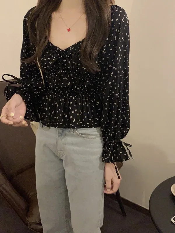 

Chic Korean Sle Women's irt Spring Autumn ort Long Sve Floral Print Square Collar Bone Exposure Folded Hemline