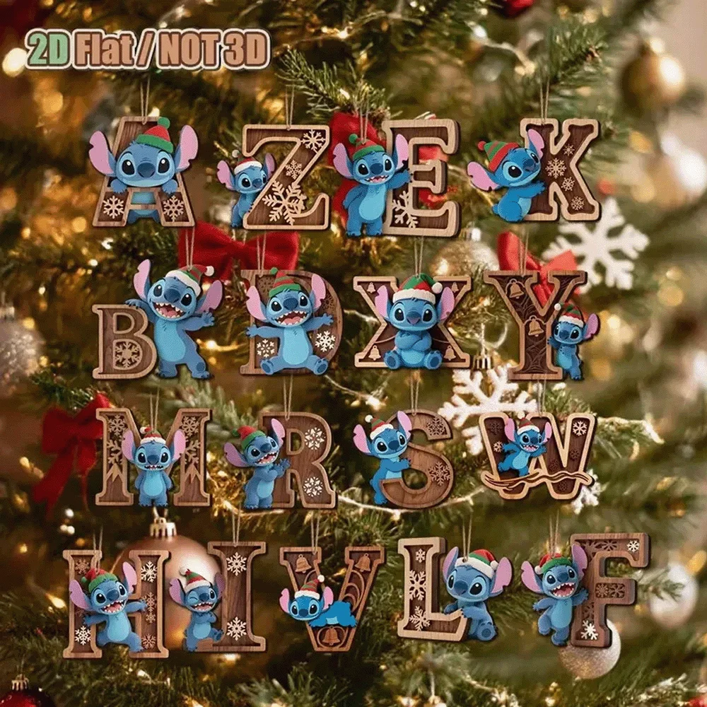 

26PCS 2D plane [decorative hanging ornament], 26-letter and Stitch wooden holiday decorations with snowflake designs