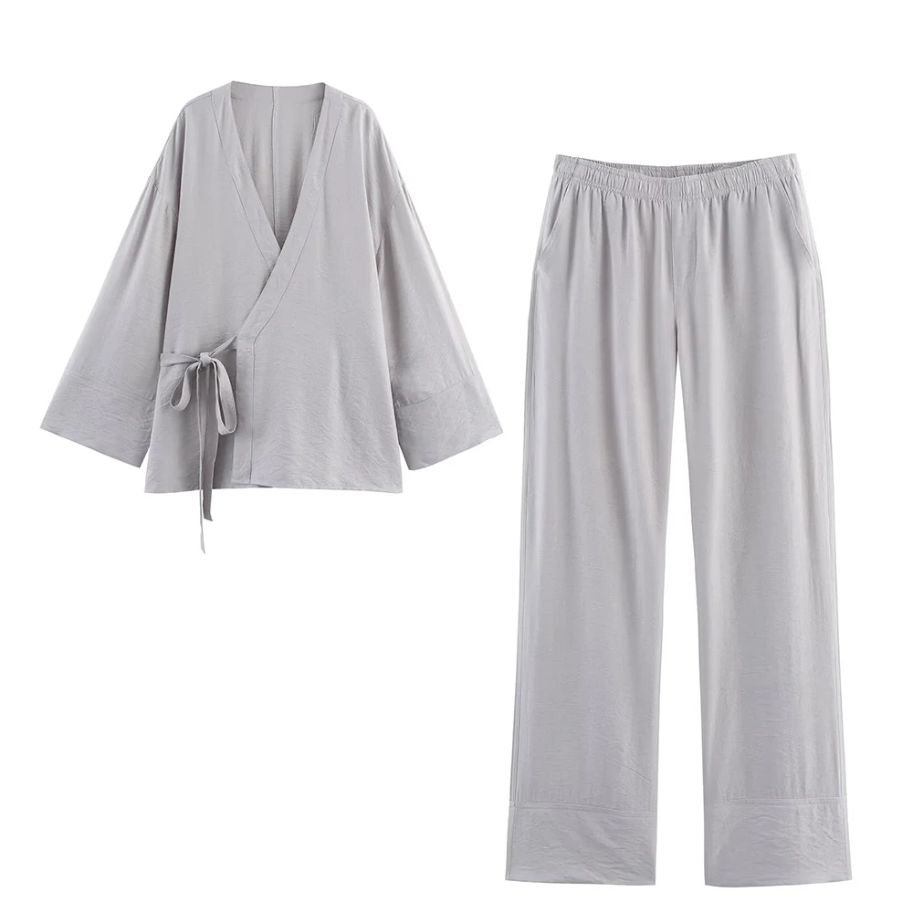 

Женский костюм, новинка 2025, модный летний комплект в стиле кимоно с бантом для женщин, брюки в пижамном стиле, повседневный шикарный женский комплект