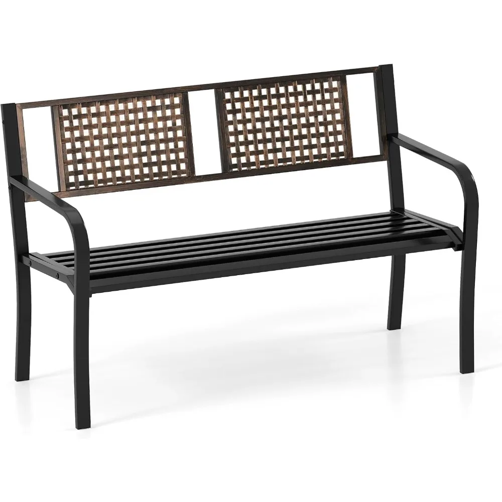 

50” Outdoor Metal Park Bench, Outdoor Garden Bench for 2-3 People with Rattan-Like Backrest & Curved Armrests, Heavy-Duty Patio