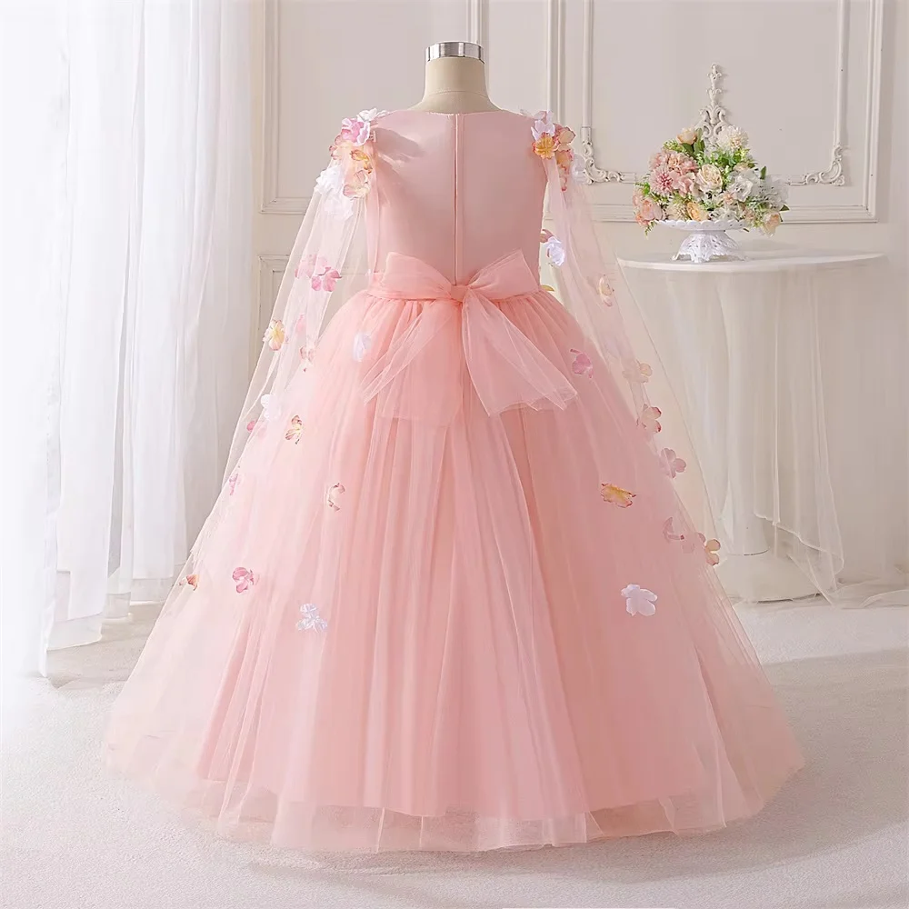 Deep V long-sleeve gown for girls decorated with colorful 3D flowers. Fluffy gradient tulle skirt looks elegant. Custom sizes av