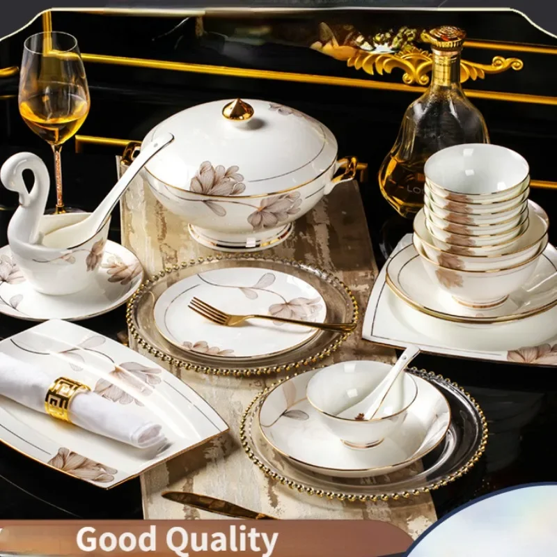 Simplicity and Elegance: Set of Ceramic Plates and Bowls for Everyday Use Ceramic Tableware Set with Gold Trim for Home Dining