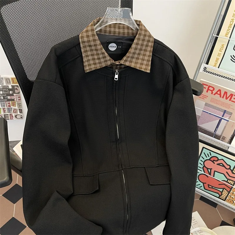 American Retro Flannel Long Sleeve Shirt Jacket Loose Casual Versatile Fake Two-Piece Jacket Top for Men Autumn Winter Outerwear