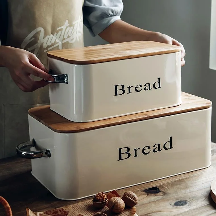 

Bamboo Cover Storage Boxes Home Bakery Desktop Decor Organizer Kitchen Iron Bread Box Dessert Snack Breadbasket Food Container