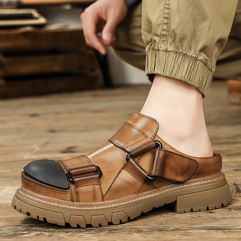 Men Top Grain Leather Casual Shoes Flexible Rubber Sole Breathable Lightweight Comfortable Walking Footwear