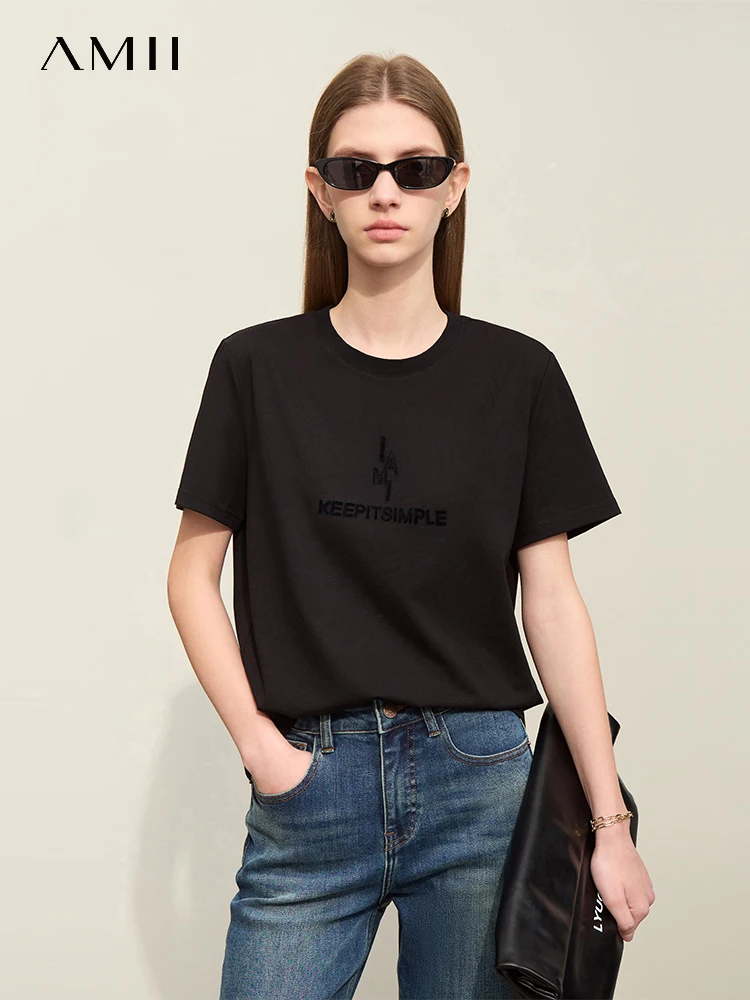 Amii Minimalism 2024 Summer New Casual T-Shirts Basics O-Neck Letters Embroidery T-shirt For Women Stretch Fashion Tops 12422100