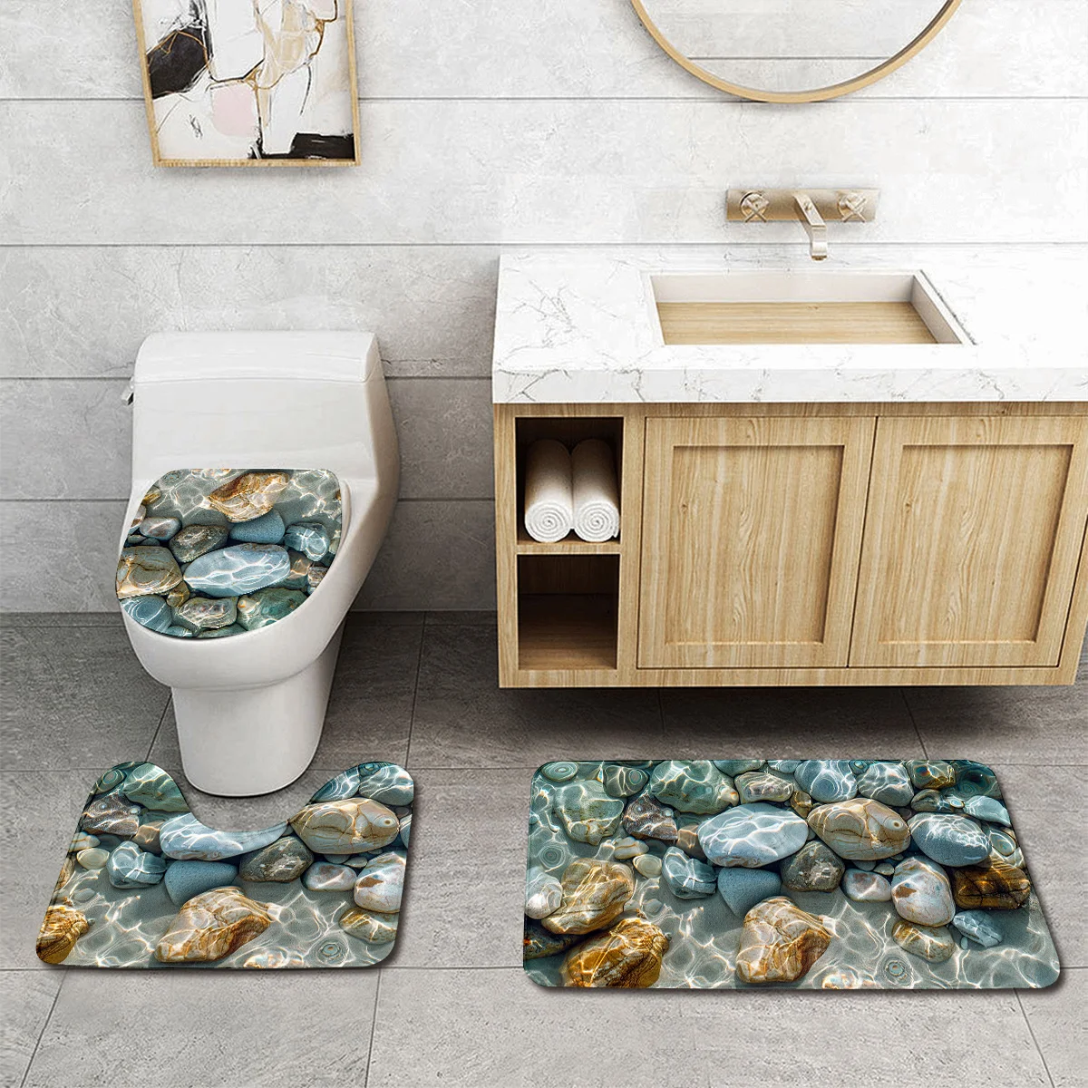 

3-piece riverbed stone bathroom set, machine washable, polyester fabric, non-slip mat, toilet seat mat, U-shaped mat
