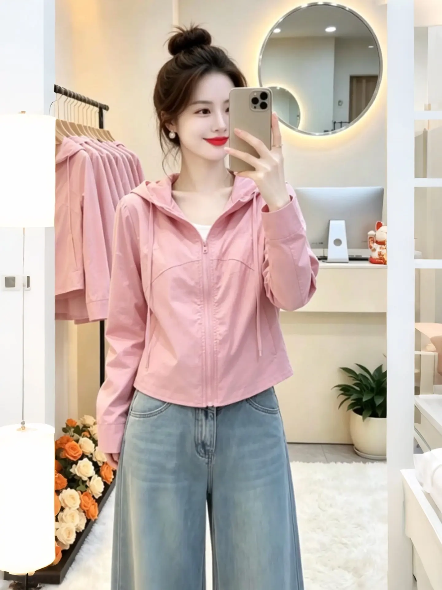 Chic Anti-Uv Hooded Jacket Pure Color Simple Design Ladies Summer Outerwear Breathable Long Sleeve Zipper Closure Commute Style