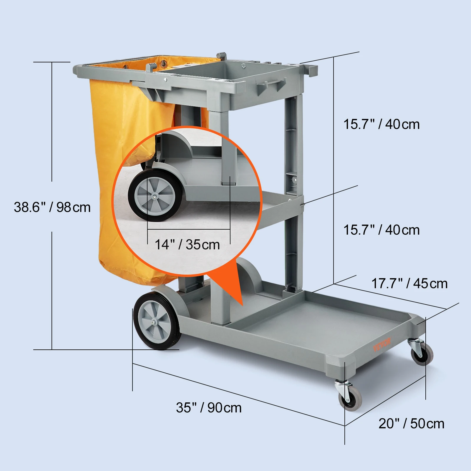 VEVOR Cleaning Cart 3-Shelf Commercial Janitorial Cart 200lbs Capacity with 25 Gallon PVC Bag for Office Hotel Airport Apartment