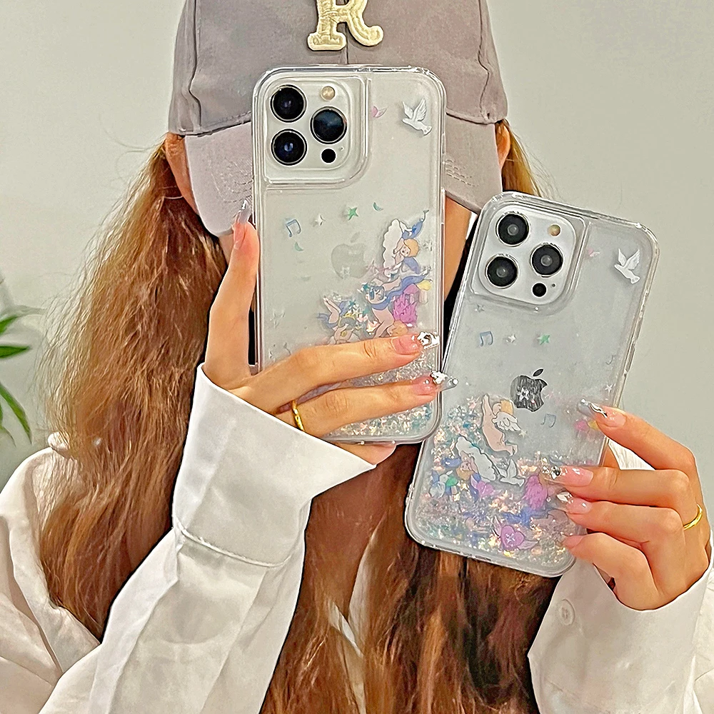 Glitter Quicksand Cupid Love Wing Clear Phone Case For iPhone 14 11 12 13 Pro Max X XS XR 7 8Plus Cartoon Bling Protective Cover