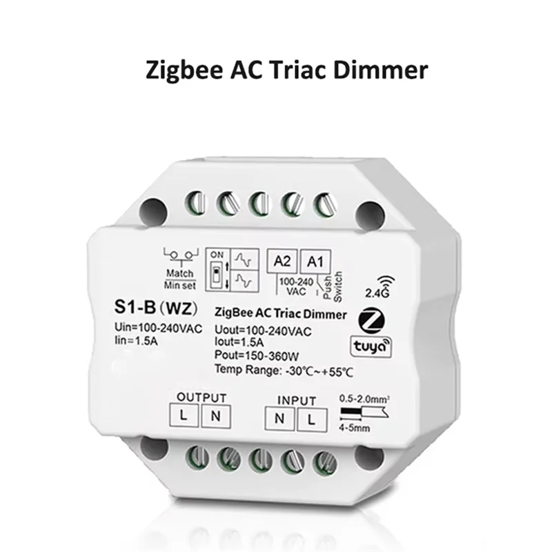 A08F-S1-B Tuya Zigbee RF AC Triac Dimmer LED Controller Push Switch Control 110V 220V 230V Smart Life APP For Alexa Assistant