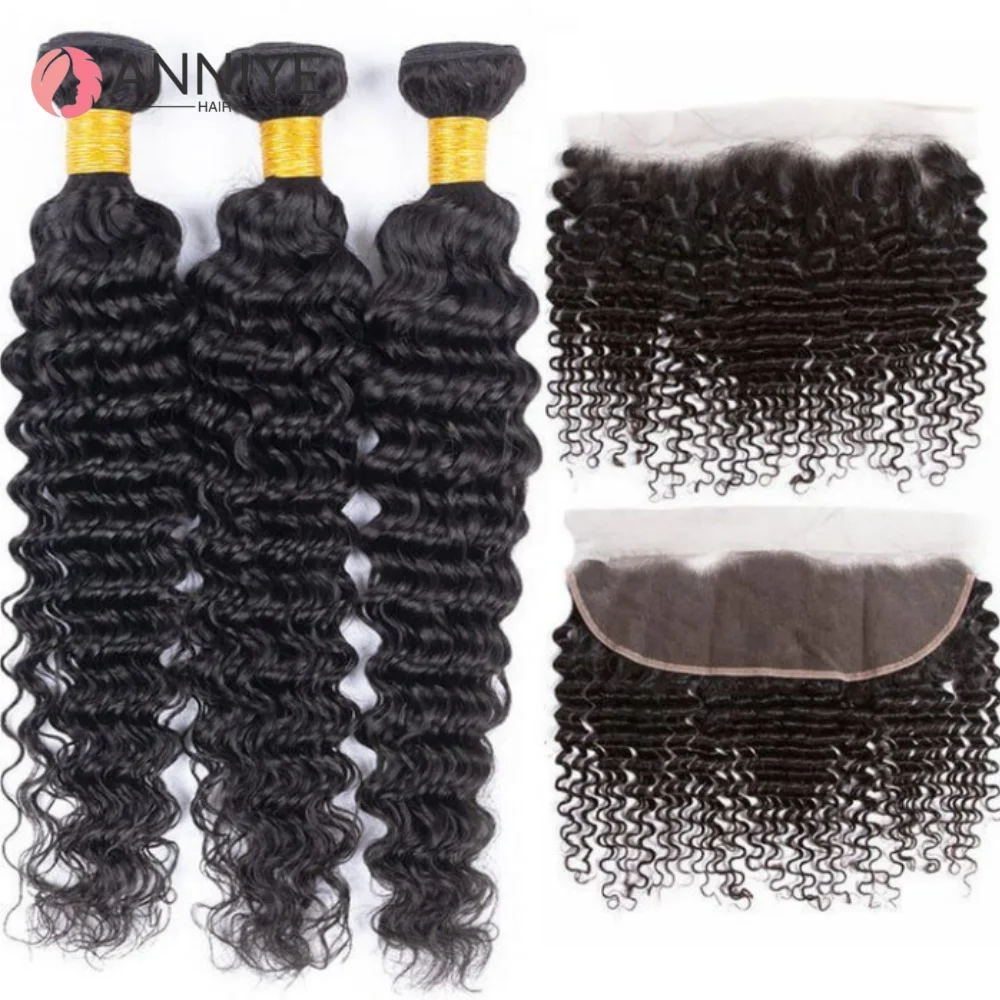 

Deep Wave 3 Bundles With 13x4 Lace Frontal Wet and Wavy Virgin Curly Loose Deep Wave 100% Human Hair Bundles With 4x4 Closure