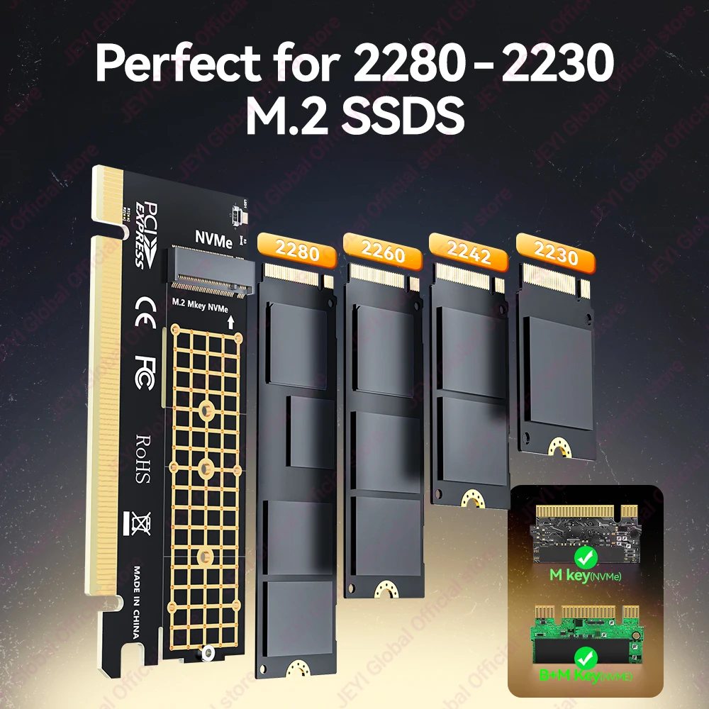JEYI M.2 NVME to PCIE X16 Adapter, 2280/60/42/30 NVMe SSD to PCIe 4.0 3.0 GEN4 64Gbps Expansion Card for Desktop Motherboard PC