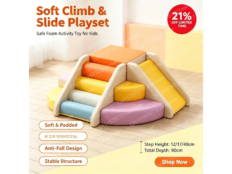 Indoor Home Climbing Frame Soft Play Slide Set with Climbing Ladder and Soft Bag for Kids